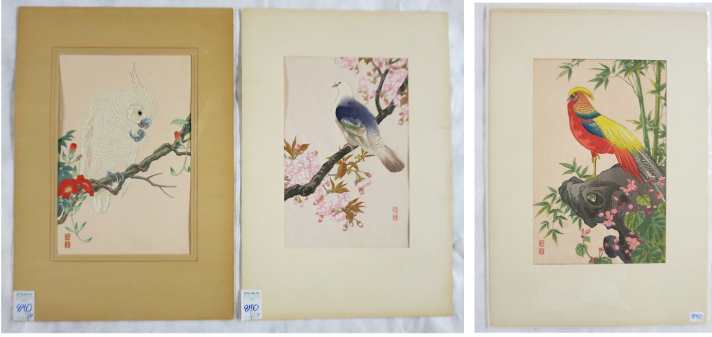 Appraisal: HODO NISHIMURA THREE WOODCUTS Japan active s Birds Oban size