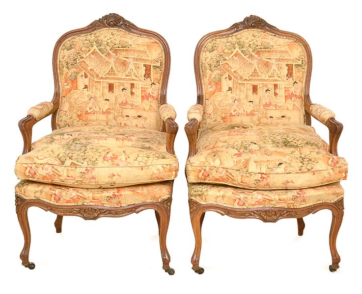 Appraisal: A PAIR OF LOUIS XV STYLE FAUTEUILLES Each upholstered in