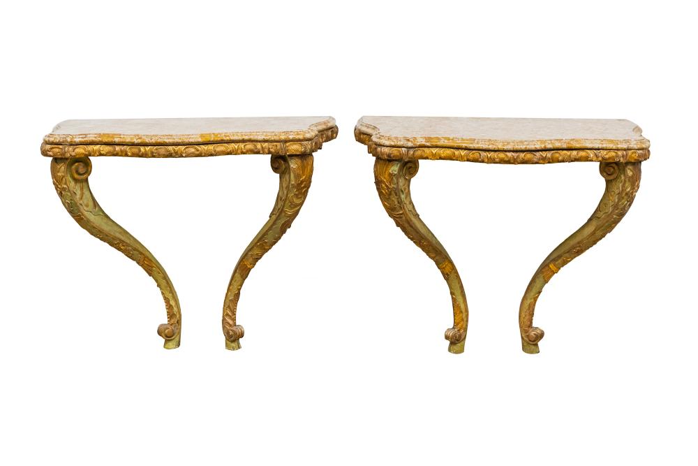 Appraisal: PAIR OF ITALIAN ROCOCO STYLE CARVED PAINTED GILT CONSOLESeach with