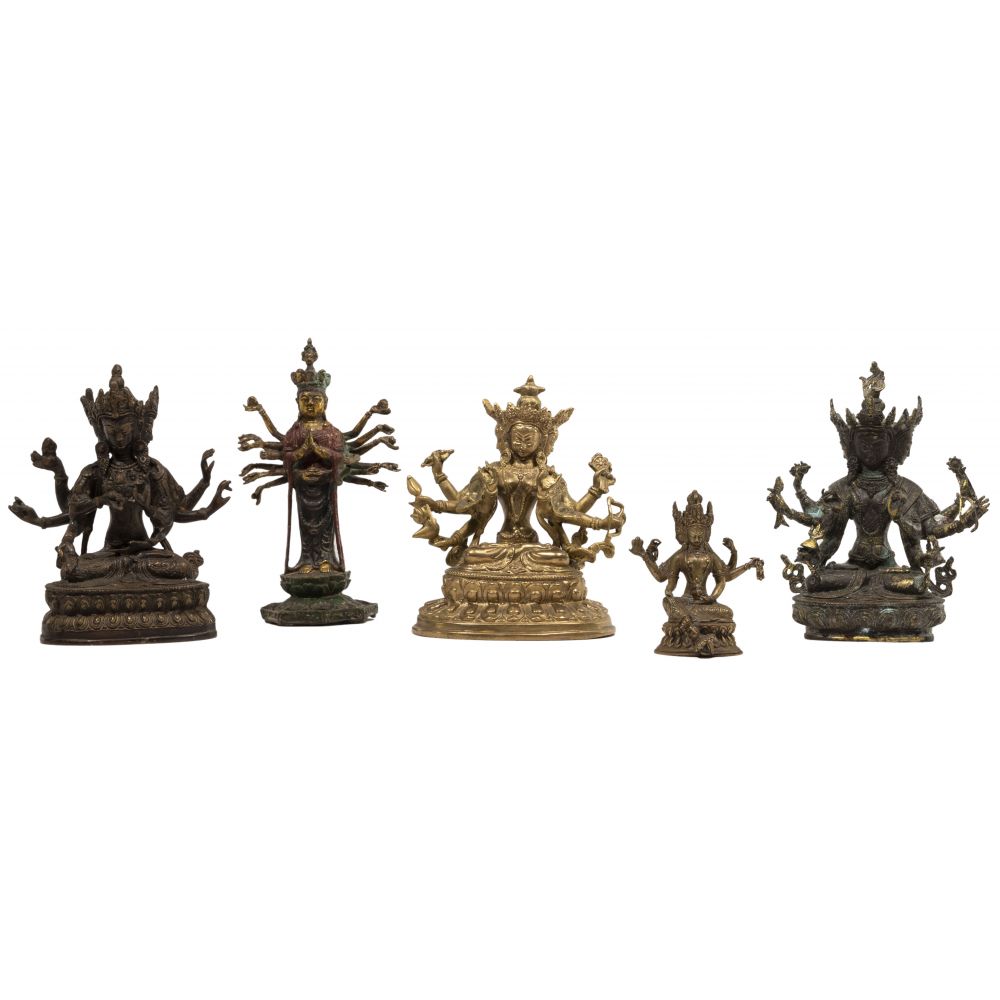 Appraisal: TIBETAN BRONZE FIGURE ASSORTMENT multi-faced and multi-armed items including sitting