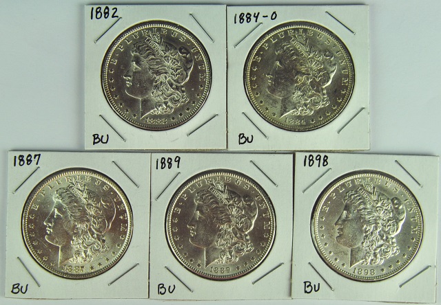 Appraisal: Five BU Morgan DollarsDates are -O and Solid collector lot