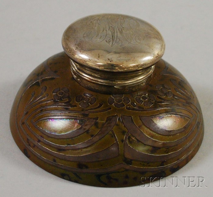 Appraisal: Loetz Sterling Silver Mounted Acid Etched Iridescent Art Glass Inkwell