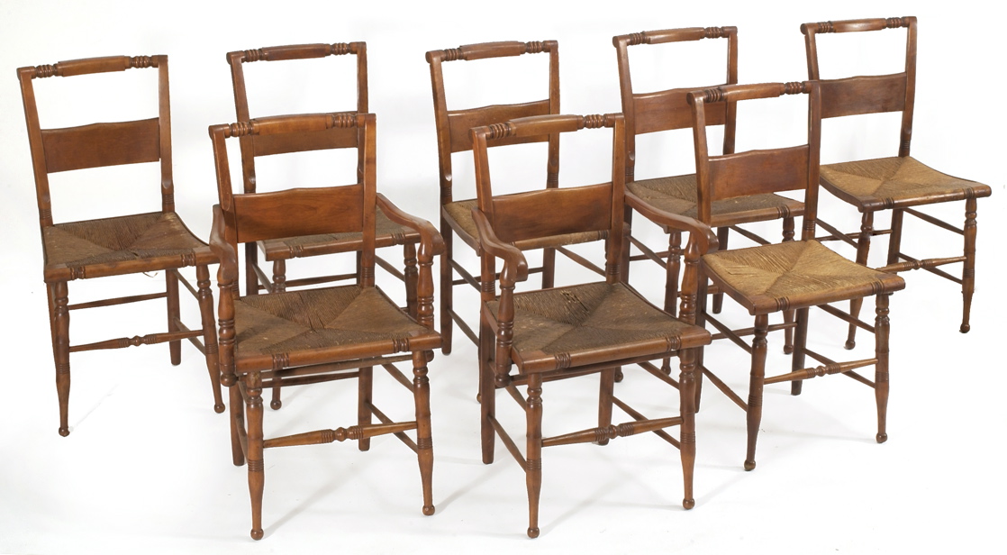 Appraisal: SET OF EIGHT ANTIQUE SHERATON PILLOWBACK CHAIRS th CenturyWith rush