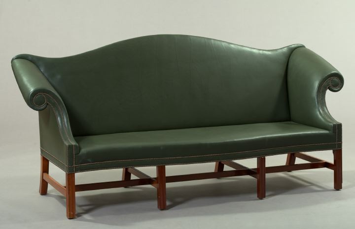 Appraisal: Chippendale-Style Green Leather Camel-Back Sofa the serpentine seat frame with