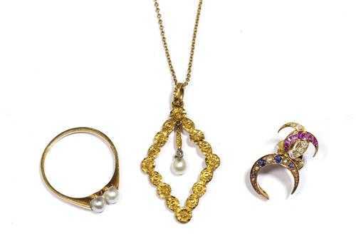 Appraisal: LOT OF GOLD AND PEARL PENDANTS WITH CHAIN RING AND