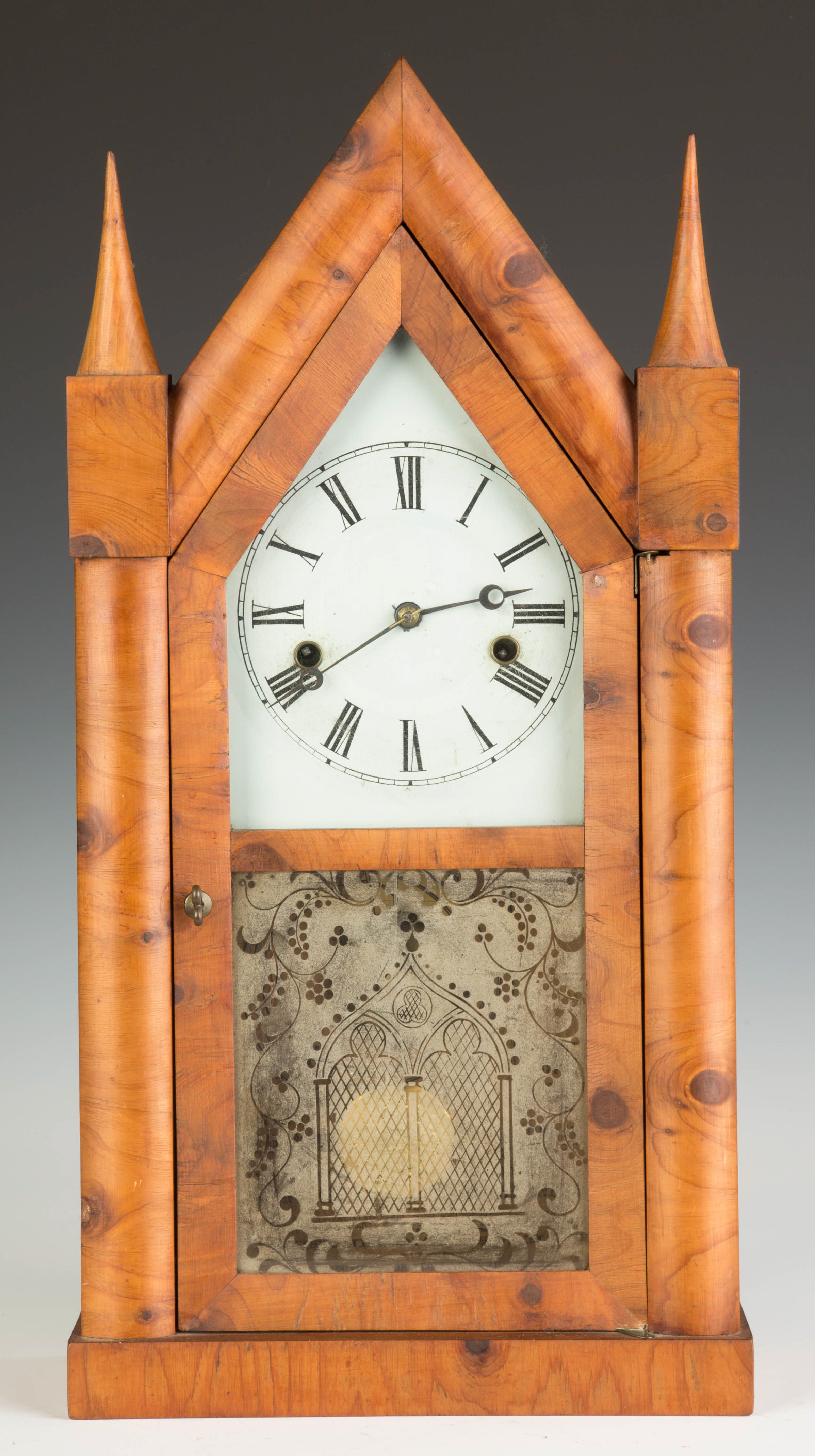 Appraisal: Chauncey Jerome Steeple Clock Original painted dial Etched gothic glass