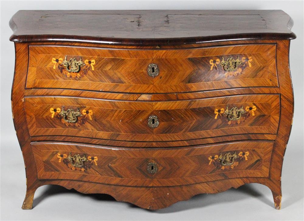 Appraisal: LOUIS XV PARQUETRY AND MARQUETRY INLAID TULIPWOOD COMMODE FROM JACQUELINE