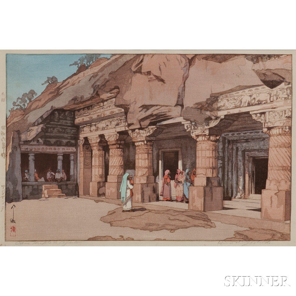 Appraisal: Hiroshi Yoshida - Cave Temple in Ajanta Japan woodblock print