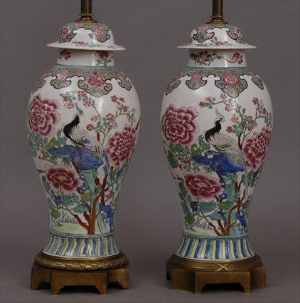 Appraisal: TWO SIMILAR FAMILLE ROSE PORCELAIN GINGER JARS AND COVERS MOUNTED