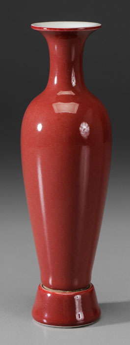 Appraisal: Copper-Red Glaze Liuye Zun Vase Chinese th century porcelain even