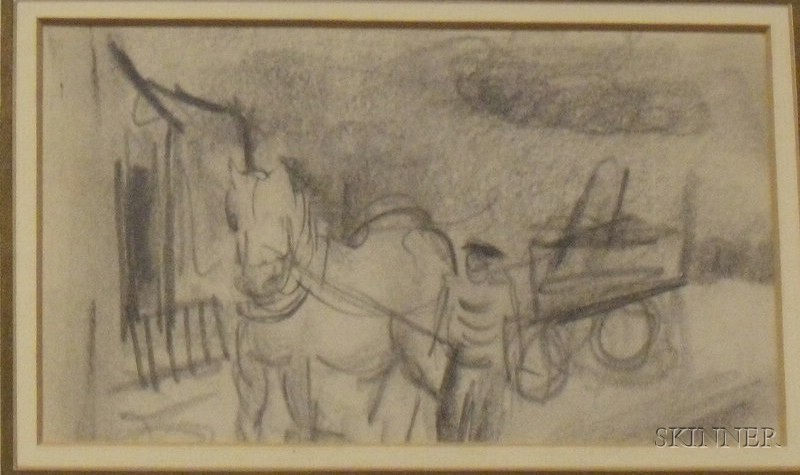 Appraisal: Framed Graphite on Paper Sketch of a Horse and Cart