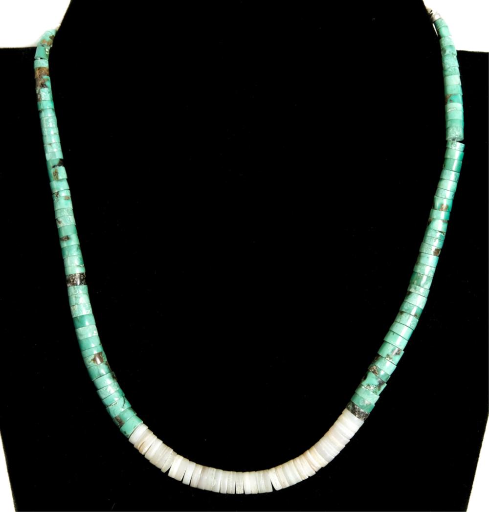 Appraisal: STERLING HEISHI SHELL TURQUOISE NECKLACENative American sterling and graduated heishi