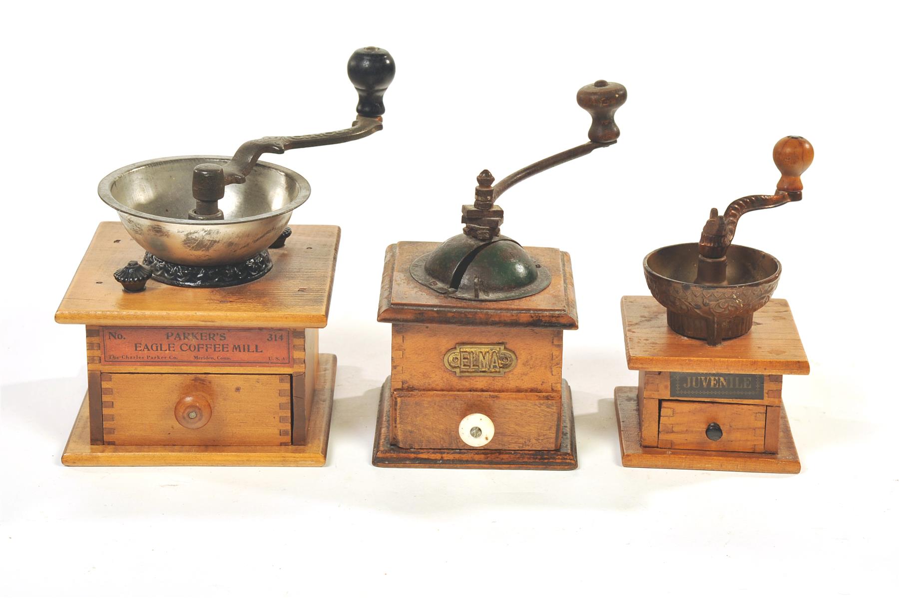 Appraisal: THREE COFFEE GRINDERS American ca mixed woods Parker's Eagle Coffee