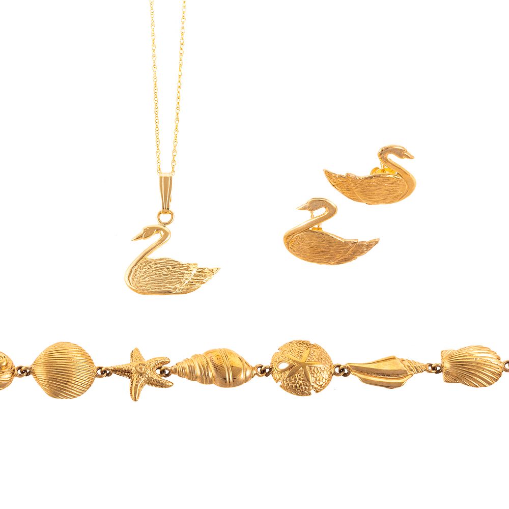 Appraisal: A K Seashell Bracelet Swan Earrings Pendant K yellow gold