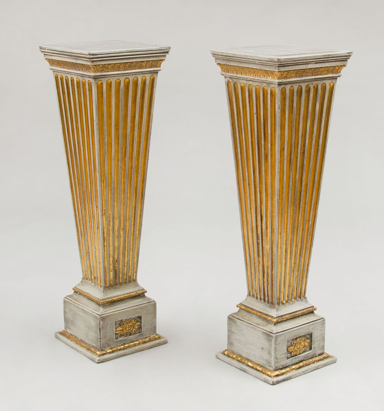 Appraisal: PAIR OF LOUIS XVI STYLE GREY PAINTED AND PARCEL-GILT PEDESTALS