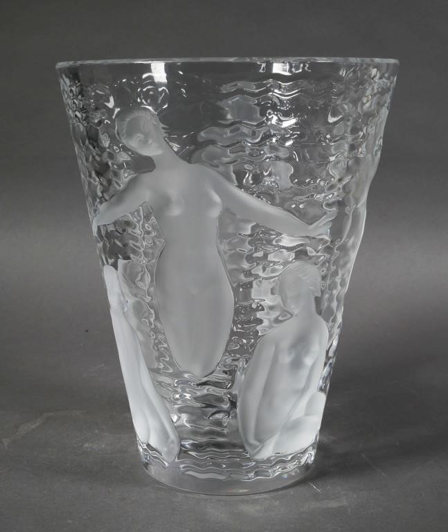 Appraisal: LALIQUE ONDINES NUDES - VASELalique France crystal large vase with