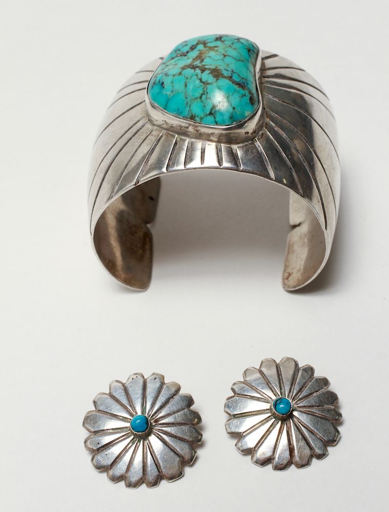 Appraisal: Southwest Silver Turquoise Cuff Bracelet Earrings Native American Southwest sterling