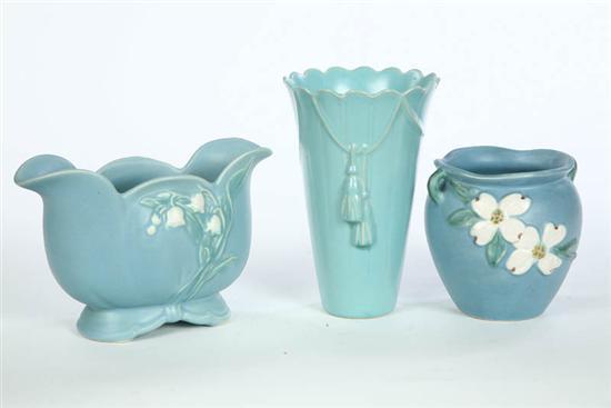 Appraisal: THREE WELLER VASES A double handled blue vase in the