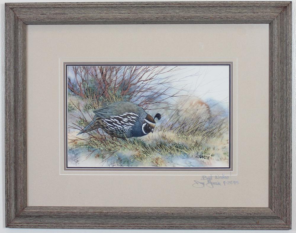 Appraisal: JOE GARCIA California born watercolor on paper Quail Signed lower