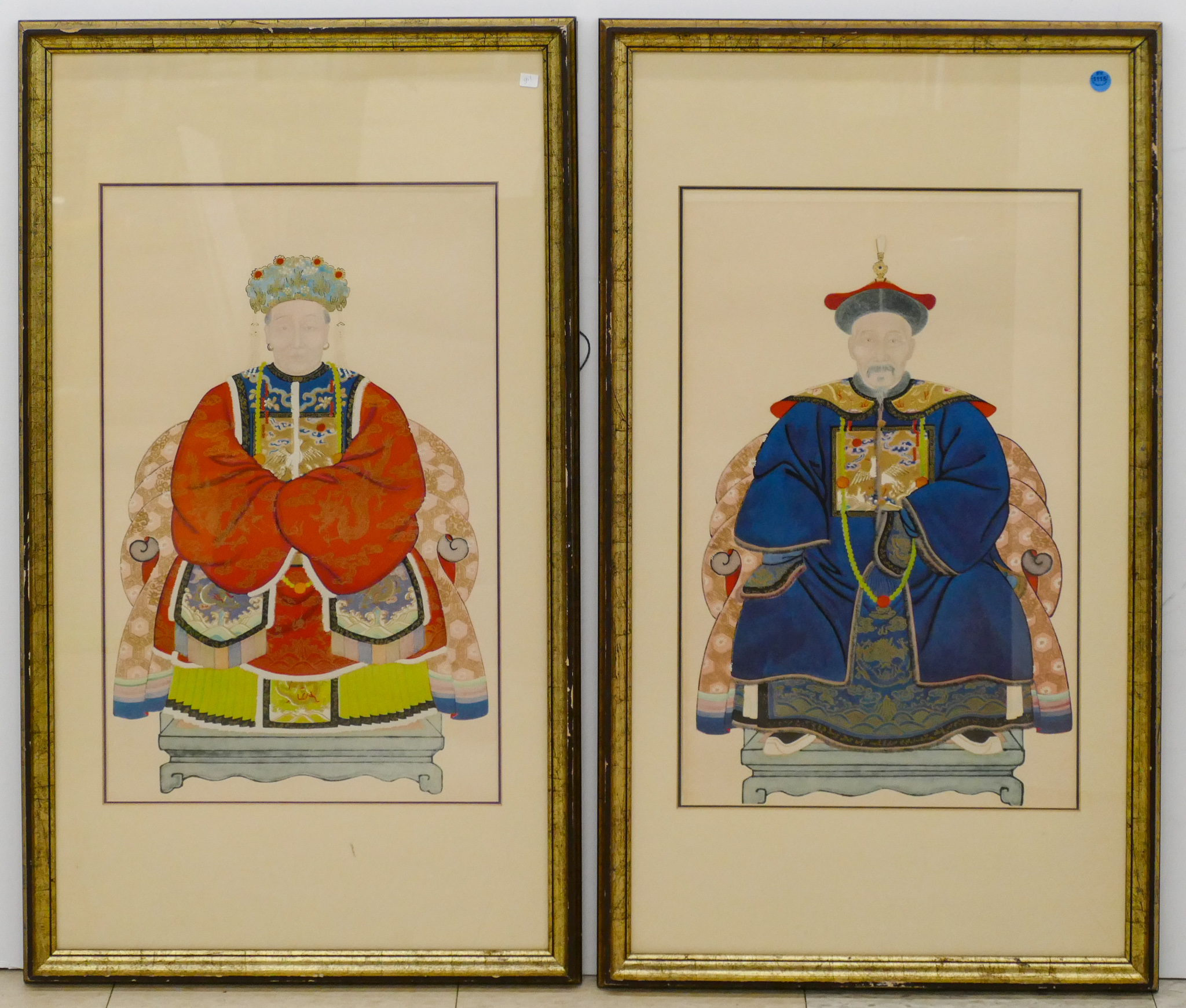 Appraisal: Pair Vintage Chinese Ancestral Prints Framed ''x ''