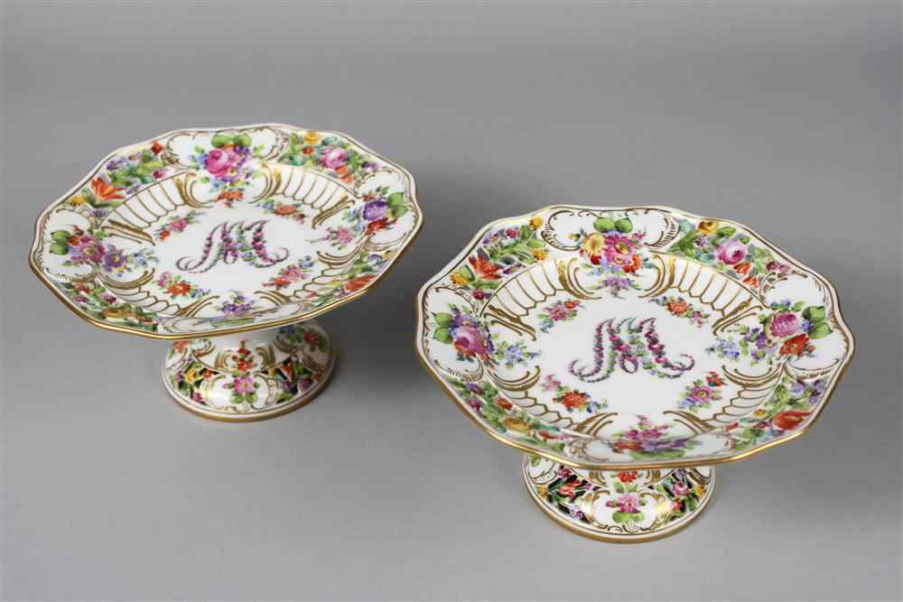 Appraisal: TWO DRESDEN SMALL FOOTED COMPOTES blue marks for Saxonian Porcelain