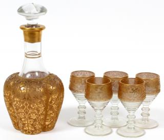 Appraisal: MOSER STYLE GOLD-DECORATED GLASS DECANTER WINES SIX PIECES Including lobed