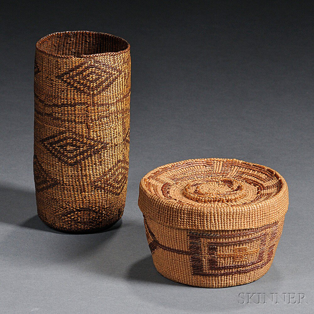 Appraisal: Two Northwest Coast Twined Baskets c a tightly woven cylindrical