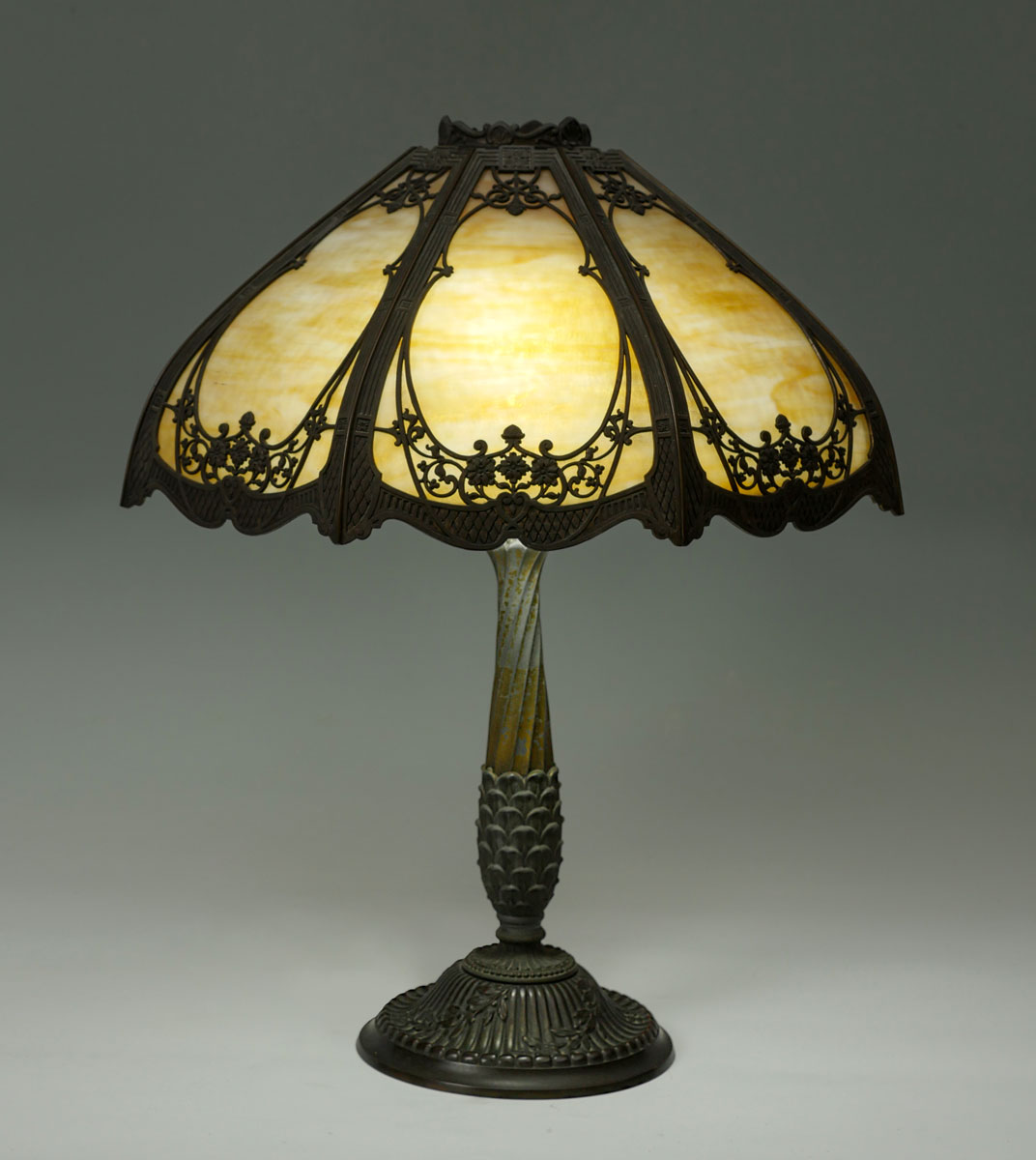 Appraisal: RAINAUD -PANEL SLAG GLASS LAMP - caramel bent stained glass