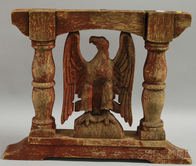 Appraisal: Red-painted Carved and Turned Wood Eagle Architectural Fragment ht wd