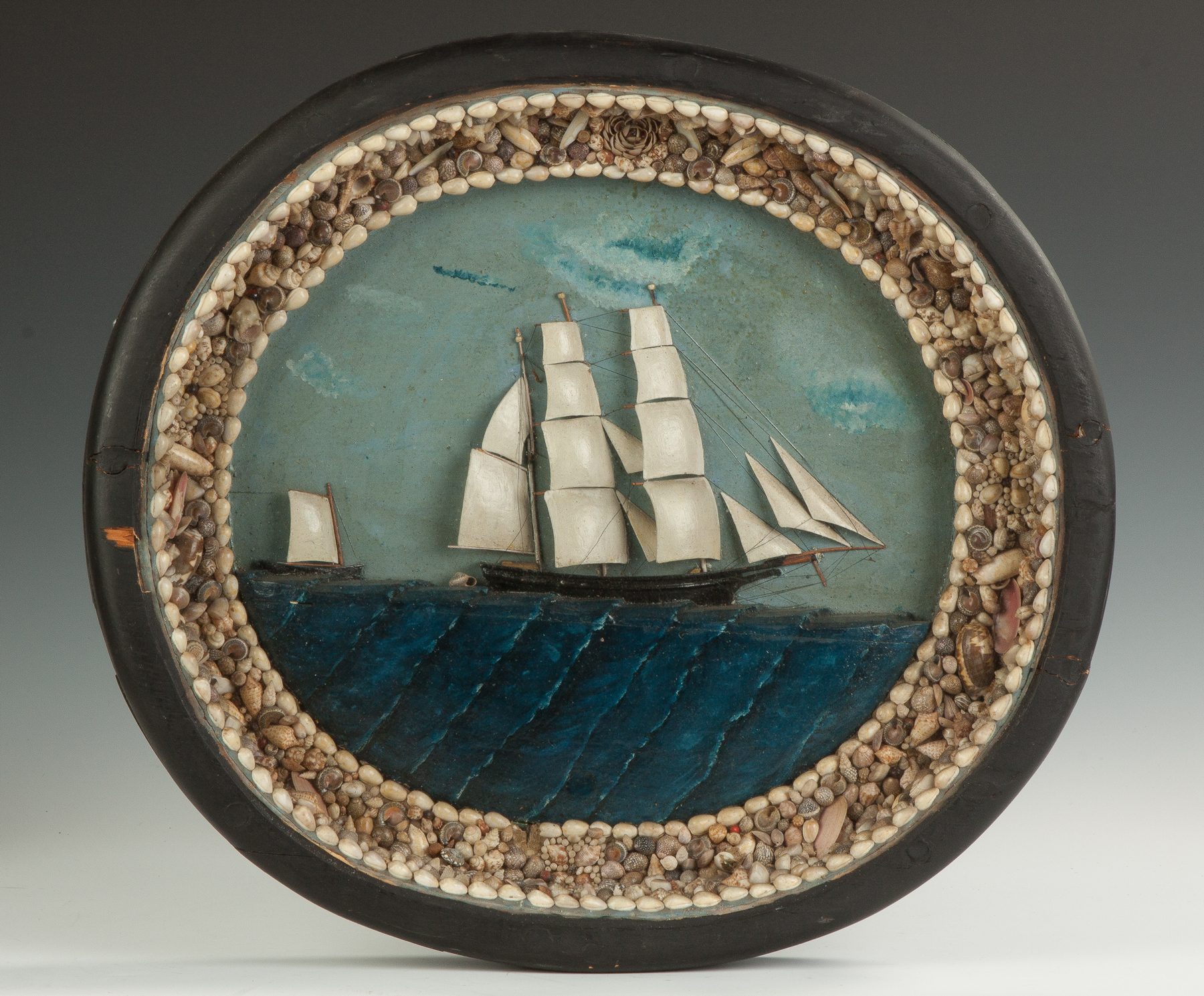 Appraisal: Ship's Diorama C Carved painted with seashell border