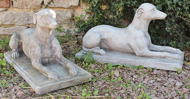 Appraisal: A PAIR OF RECONSTITUTED STONE CAST SCULPTURES OF RECUMBENT WHIPPETS