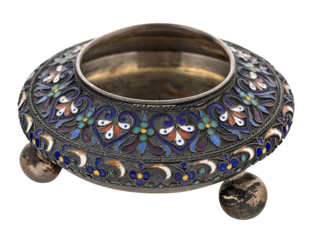 Appraisal: A RUSSIAN SILVER AND FILIGREE ENAMEL SALT WORKMASTER GUSTAV KLINGERT