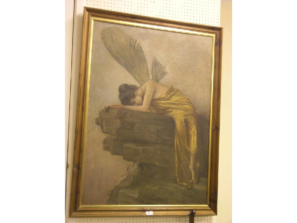 Appraisal: A large oil on canvas a fairy leaning against a