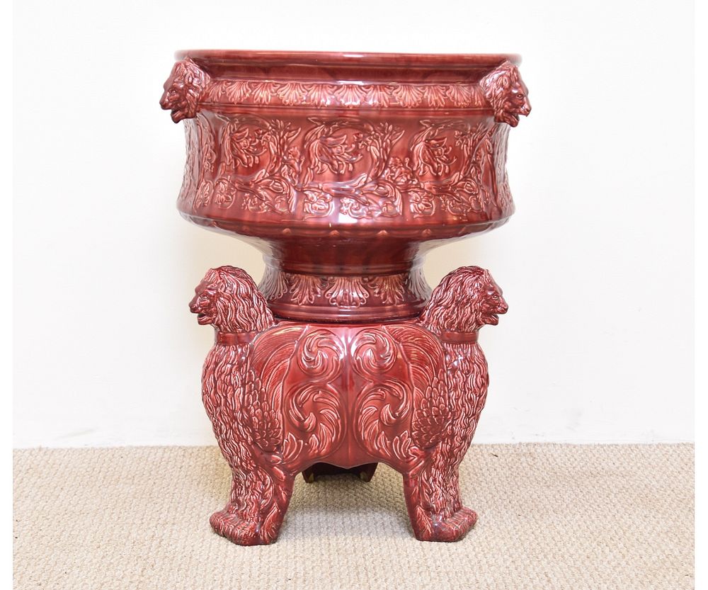 Appraisal: German Red Majolica Planter German red majolica -part planter base