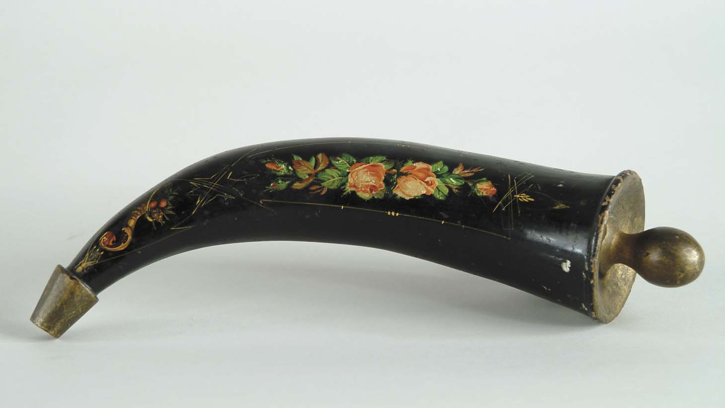 Appraisal: DECORATED POWDER HORN Horn shaped with black painted background having