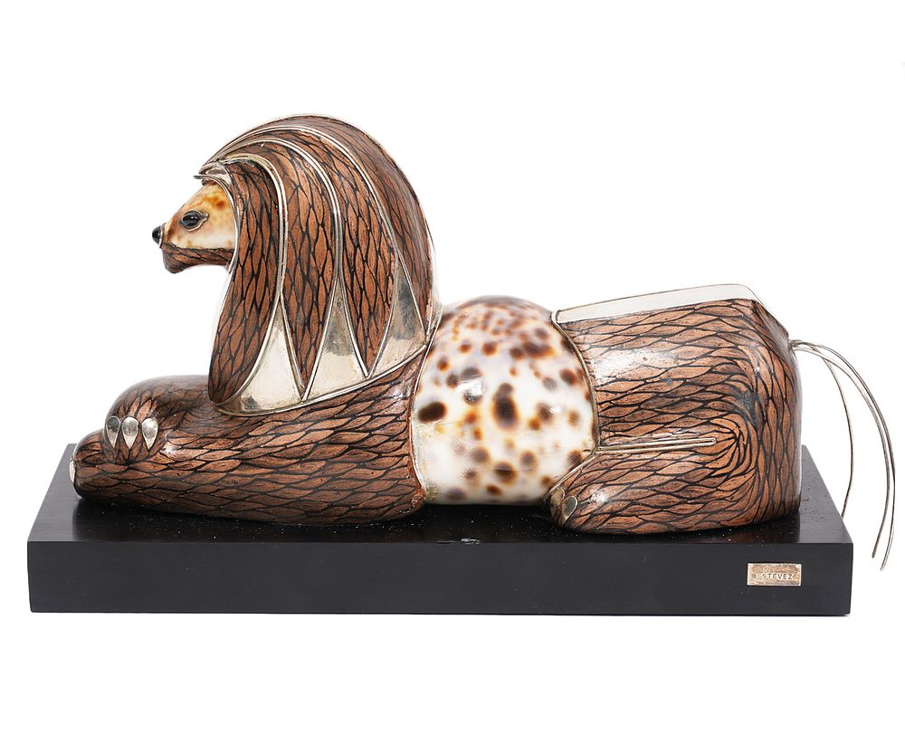 Appraisal: Roberto Estevez Lion Sculpture Lion or Griffin sculpture with Cowry