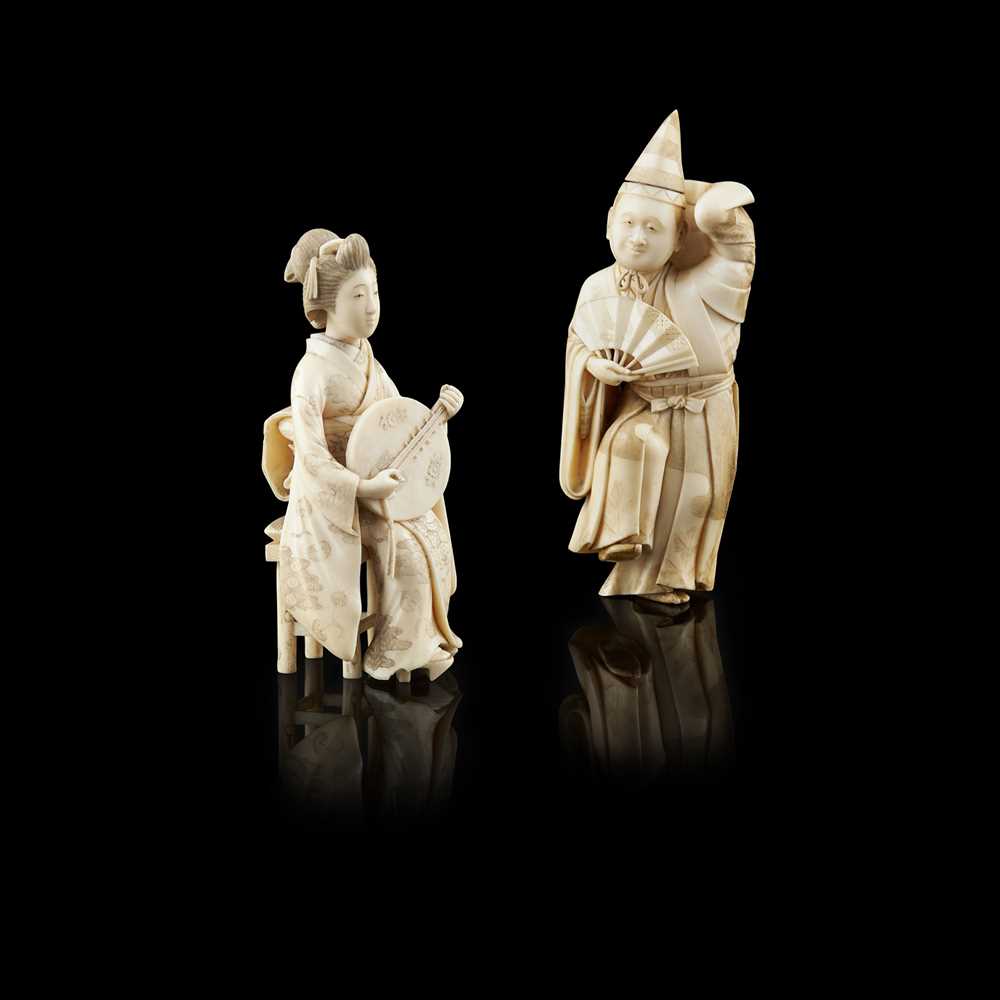 Appraisal: Y TWO CARVED IVORY OKIMONOS MEIJI PERIOD one depicting a