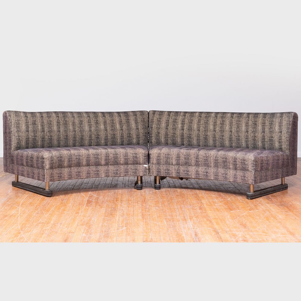 Appraisal: Large Modern Metal-Mounted Leather and Upholstered Curved Sofa x ft