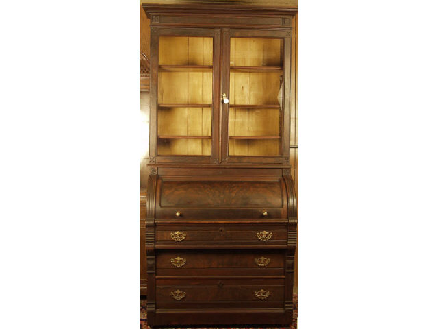 Appraisal: 's period walnut bookcase cylinder desk with fitted interior original