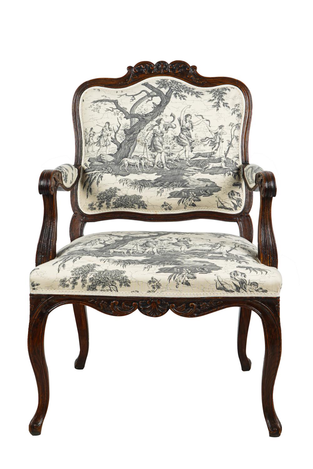 Appraisal: FRENCH PROVINCIAL STYLE OPEN ARMCHAIRwith black and cream toile-de-jouy upholstery