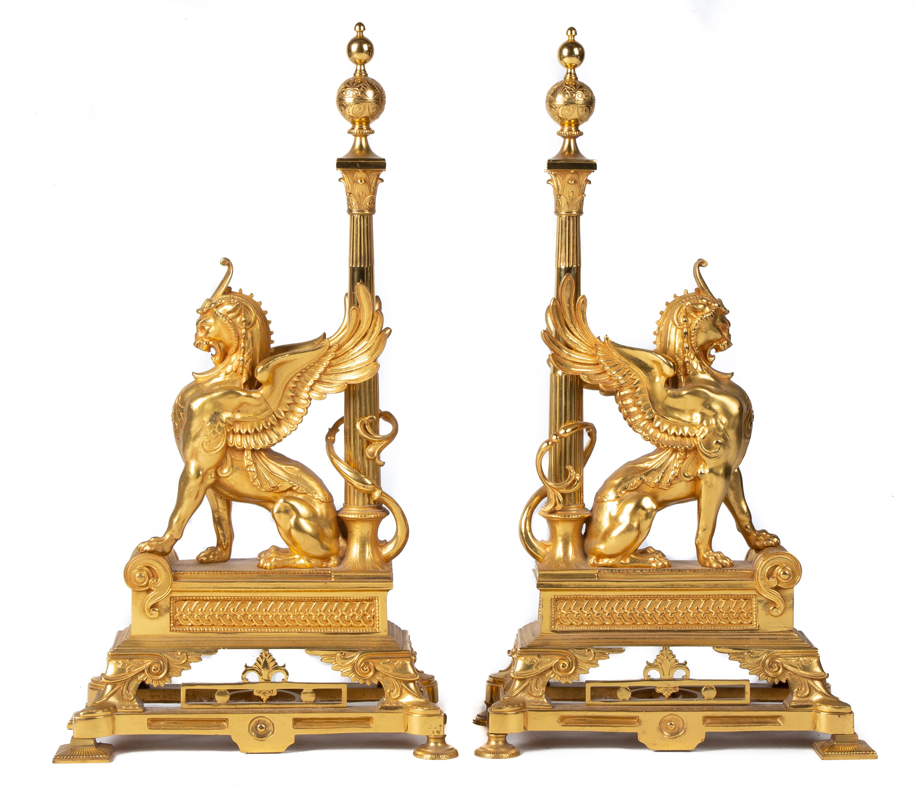 Appraisal: FRENCH EMPIRE STYLE CHENETS WITH GRIFFINS Late th century Gilt