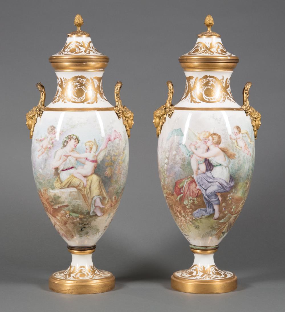 Appraisal: Pair of Gilt Bronze-Mounted Sevres-Style Polychrome and Gilt Porcelain Covered