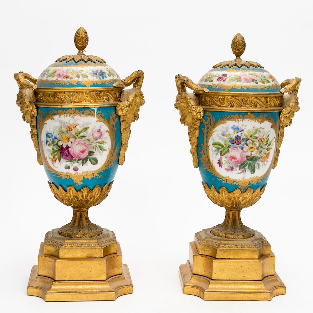 Appraisal: Pair th C Sevres Style Covered Urns Pair of Early