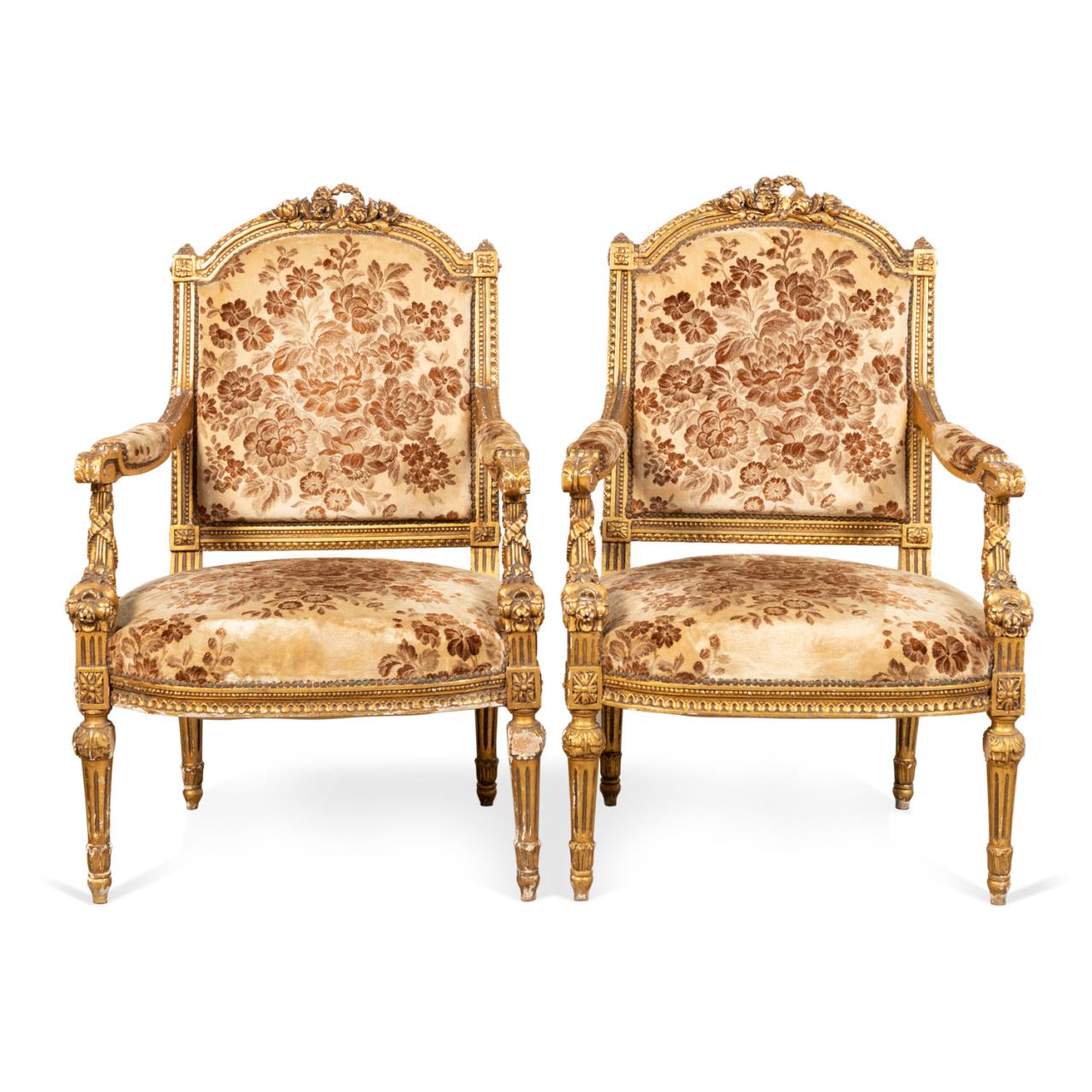 Appraisal: PAIR ITALIAN NEOCLASSICAL STYLE GILT ARMCHAIRS Pair of Italian carved