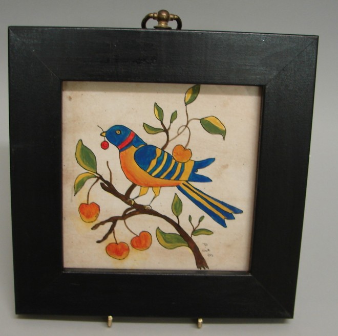 Appraisal: Watercolor of a bird perched on a cherry tree branch