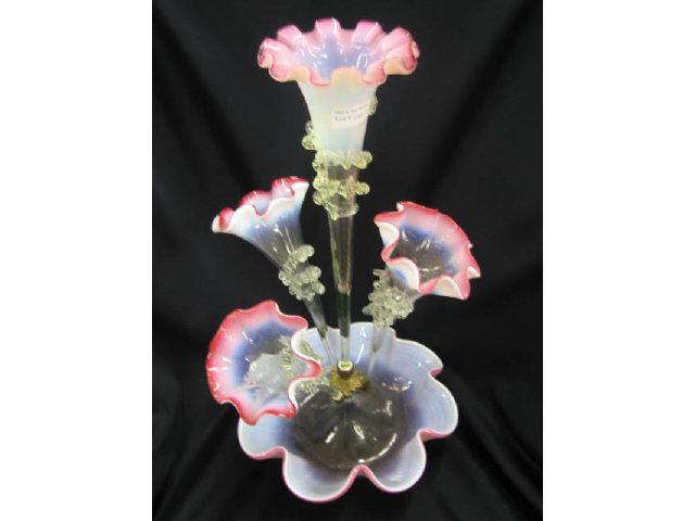 Appraisal: Victorian Opalescent Art Glass Epergne light vaseline green with cranberry