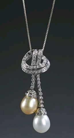 Appraisal: Baroque double drop pearl and diamond necklace A baroque double