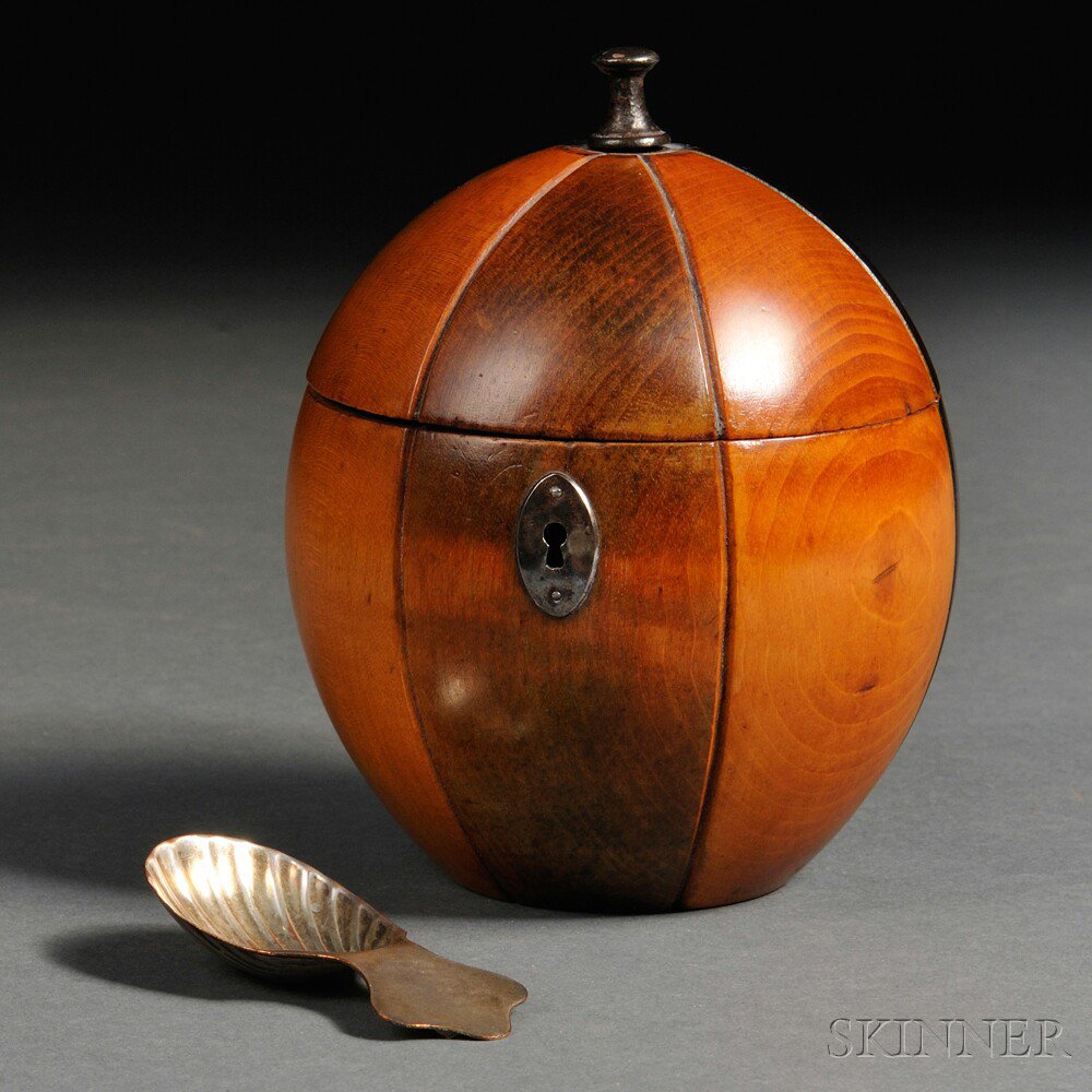 Appraisal: Fruitwood Melon-form Tea Caddy with Spoon England late th century