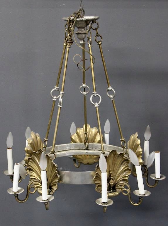 Appraisal: Gilt Metal and Steel Chandelier with Shell Decoration From a