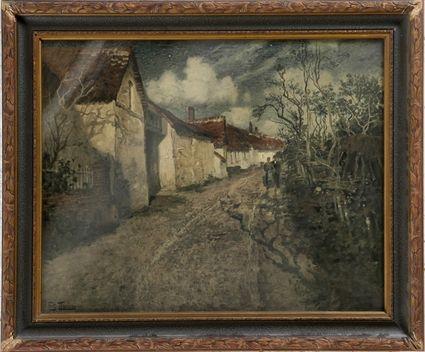 Appraisal: After Fritz Thaulow Village Scene Reproduction print framed x in